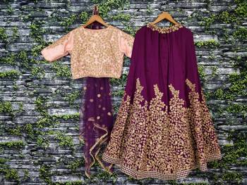 Purple Embroidered Silk Semi Stitched Lehenga 4