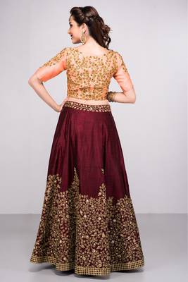 Attractive Maroon Colored Partywear Designer Embroidered Pure Silk Lehenga Choli Dupatta Set 2