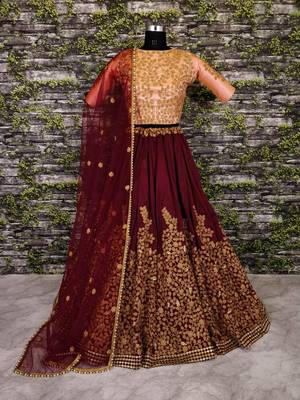 Attractive Maroon Colored Partywear Designer Embroidered Pure Silk Lehenga Choli Dupatta Set 3