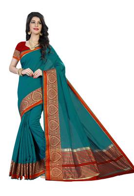 Turquoise woven polycotton saree with blouse 1