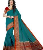 Turquoise woven polycotton saree with blouse
