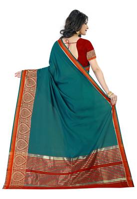 Turquoise woven polycotton saree with blouse 2