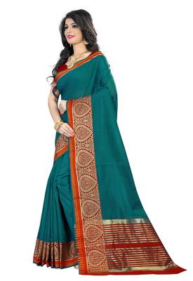 Turquoise woven polycotton saree with blouse 3
