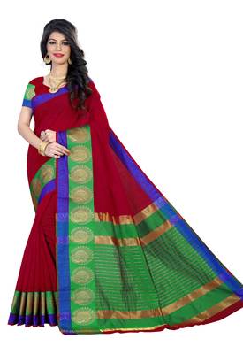 Red woven polycotton saree with blouse 1
