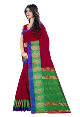 Red woven polycotton saree with blouse 3