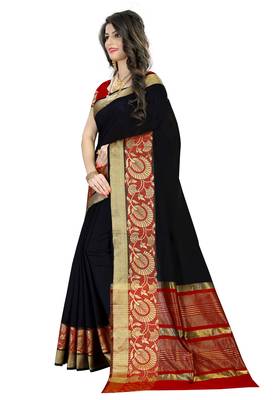 Black woven polycotton saree with blouse 3