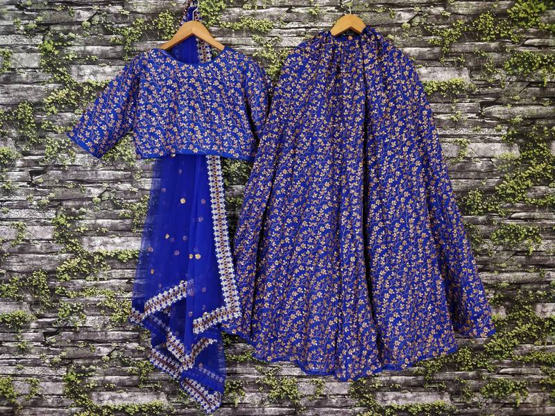 Electric-Blue Embroidered Art Silk Semi Stitched Lehenga