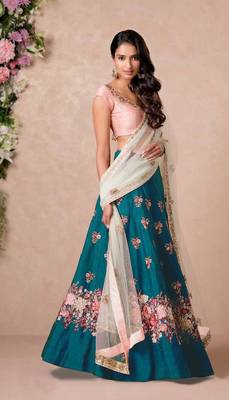 Turquoise Embroidered Art Silk Semi Stitched Lehenga 1