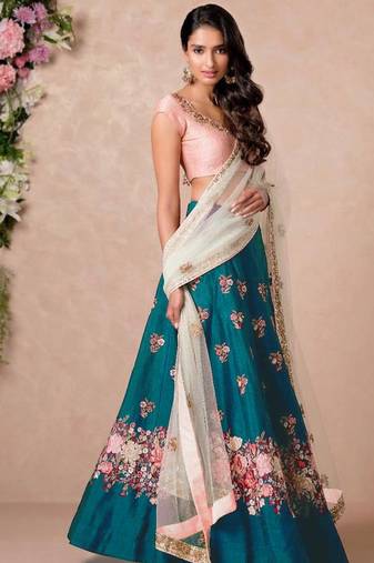 Turquoise Embroidered Art Silk Semi Stitched Lehenga