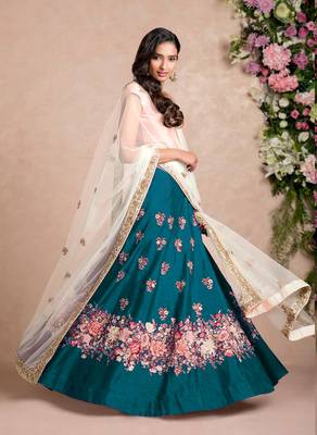 Turquoise Embroidered Art Silk Semi Stitched Lehenga 2