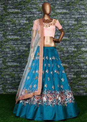 Turquoise Embroidered Art Silk Semi Stitched Lehenga 3