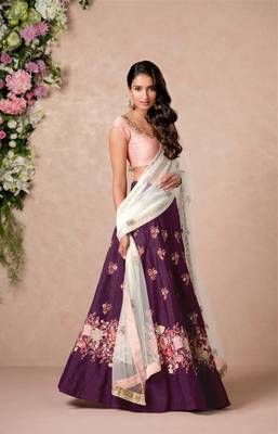 purple floral embroidered banglori silk lehenga set choli with dupatta  1