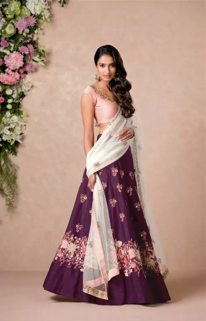 Perfect Purple Colored Floral Embroidered Banglori Silk Bollywood Lehenga Choli Dupatta Set