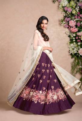 purple floral embroidered banglori silk lehenga set choli with dupatta  2