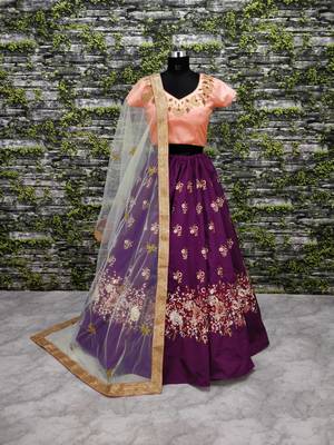 purple floral embroidered banglori silk lehenga set choli with dupatta  3