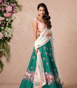 Perfect Green Colored Floral Embroidered Banglori Silk Bollywood Lehenga Choli Dupatta Set