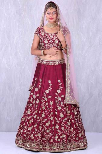 Graceful Maroon Colored Designer Embroidered Silk Wedding Lehenga Choli Dupatta Set