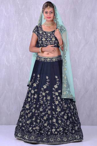 Graceful Navy Blue Colored Designer Embroidered Silk Wedding Lehenga Choli Dupatta Set