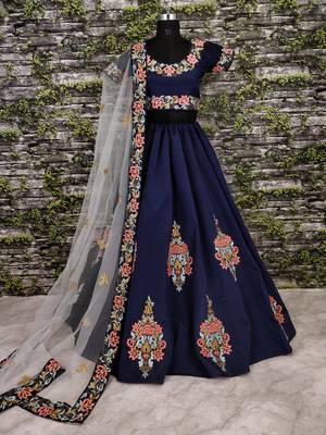 Blue Colour  Designer Embroidered Silk Lehenga Choli Dupatta Set 3