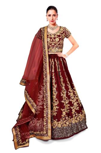 Maroon Embroidered Dupion Silk Semi Stitched Lehenga