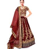 Maroon Embroidered Dupion Silk Semi Stitched Lehenga