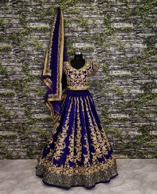 royal blue raw silk lehenga set choli with dupatta & dupatta  4