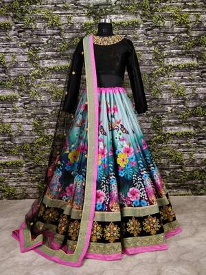 Beautiful Black Colored Partywear Designer Embroidered Art Silk Lehenga Choli Dupatta Set 1