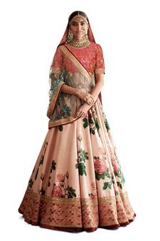 Light-Rani-Pink Rose Floral Embroidered Digitally Painted Art Silk Wedding Lehenga Choli With Dupatta