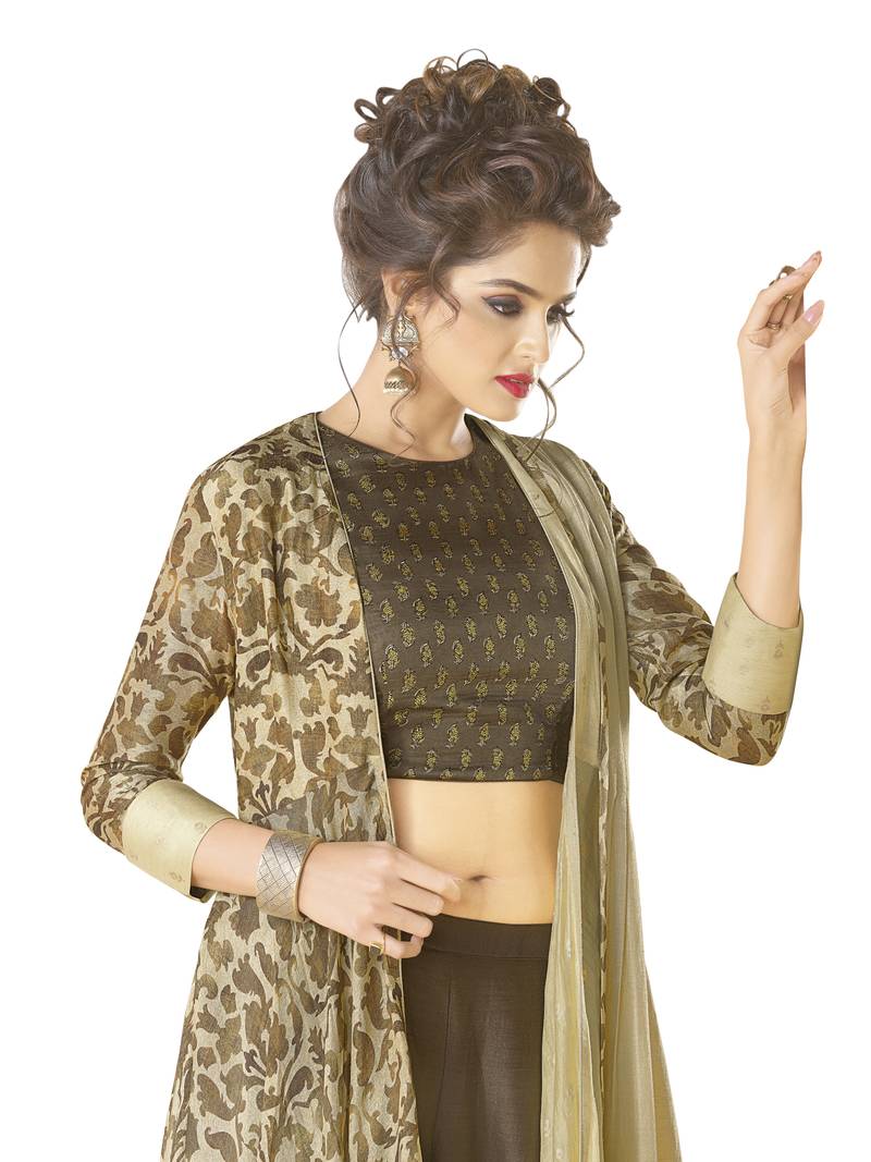 Brown Embroidered Rayon Semi Stitched Gown