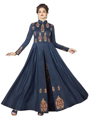 Blue Embroidered Rayon Semi Stitched Gown 1
