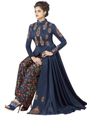 Blue Embroidered Rayon Semi Stitched Gown 2