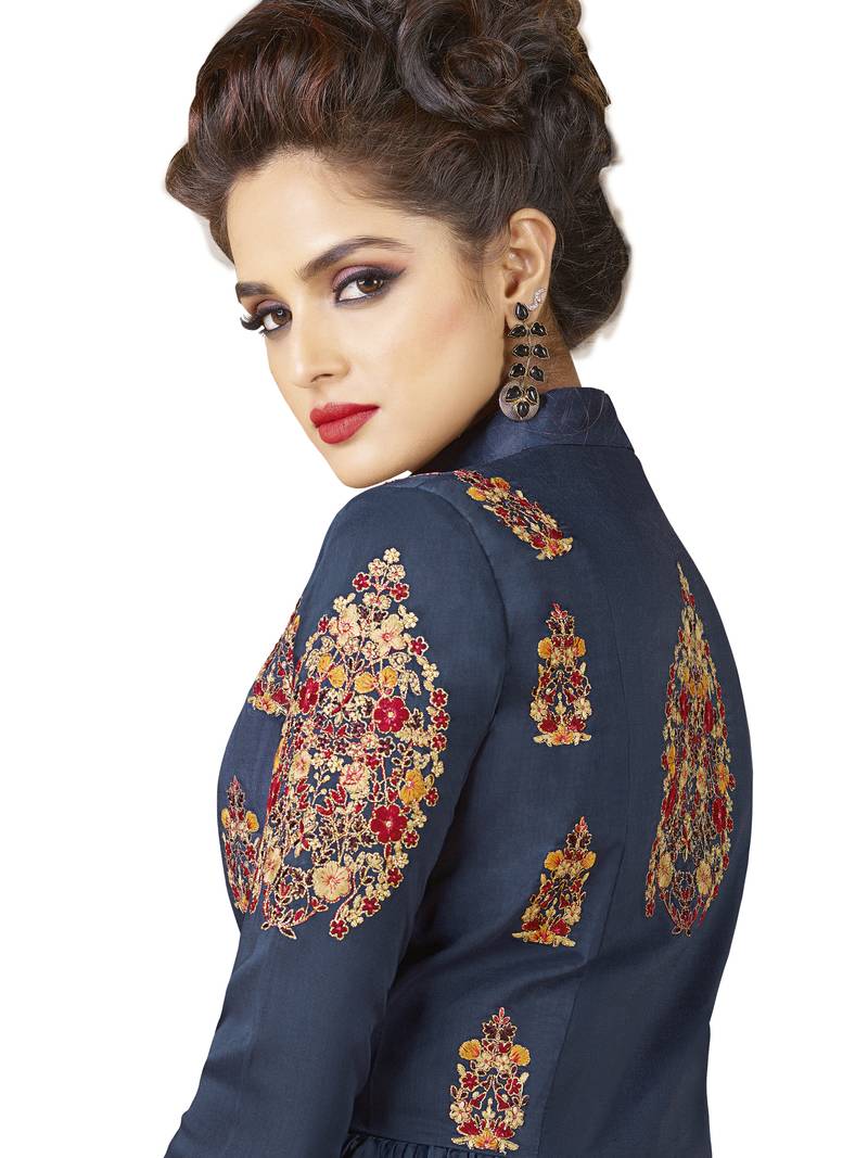 Blue Embroidered Rayon Semi Stitched Gown