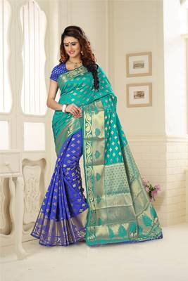Blue Printed Jacquard Saree With Blouse 1