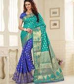 Blue Printed Jacquard Saree With Blouse