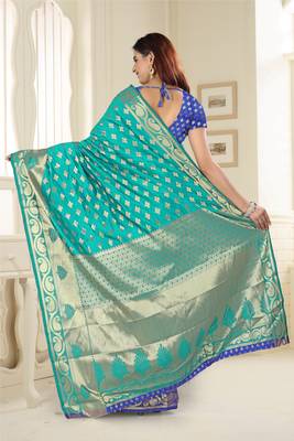 Blue Printed Jacquard Saree With Blouse 2
