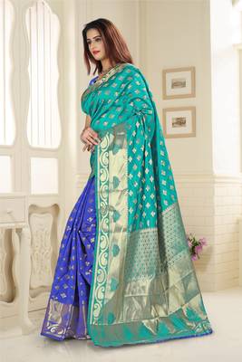 Blue Printed Jacquard Saree With Blouse 3