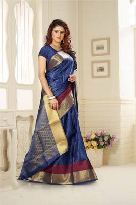 Blue Printed Jacquard Saree With Blouse 1