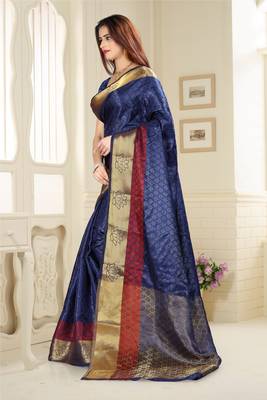 Blue Printed Jacquard Saree With Blouse 2