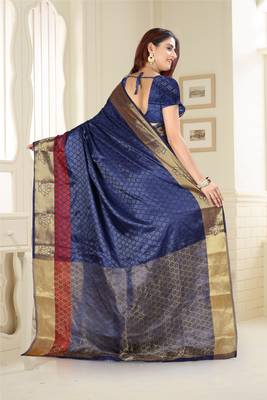 Blue Printed Jacquard Saree With Blouse 3