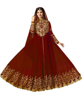 Red Embroidered Faux Georgette Salwar With Dupatta 1