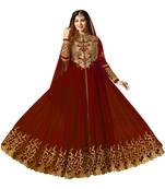 Red Embroidered Faux Georgette Salwar With Dupatta