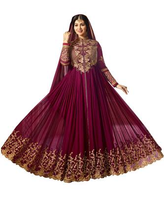 Wine Embroidered Faux Georgette Salwar With Dupatta 1