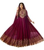 Wine Embroidered Faux Georgette Salwar With Dupatta