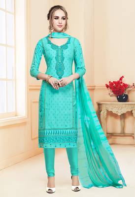 Turquoise embroidered cotton salwar with dupatta 1