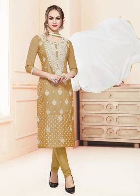 Beige embroidered cotton salwar with dupatta 1