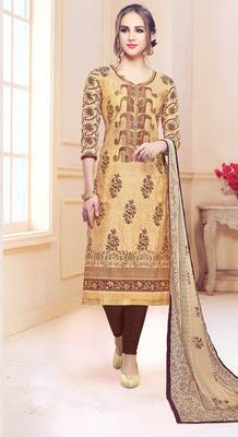 Beige embroidered cotton salwar with dupatta 1