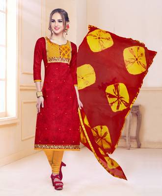Red embroidered cotton salwar with dupatta 1