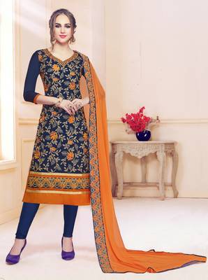 Navy-blue embroidered cotton salwar with dupatta 1