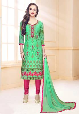 Green embroidered cotton salwar with dupatta 1