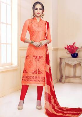 Orange embroidered cotton salwar with dupatta 1